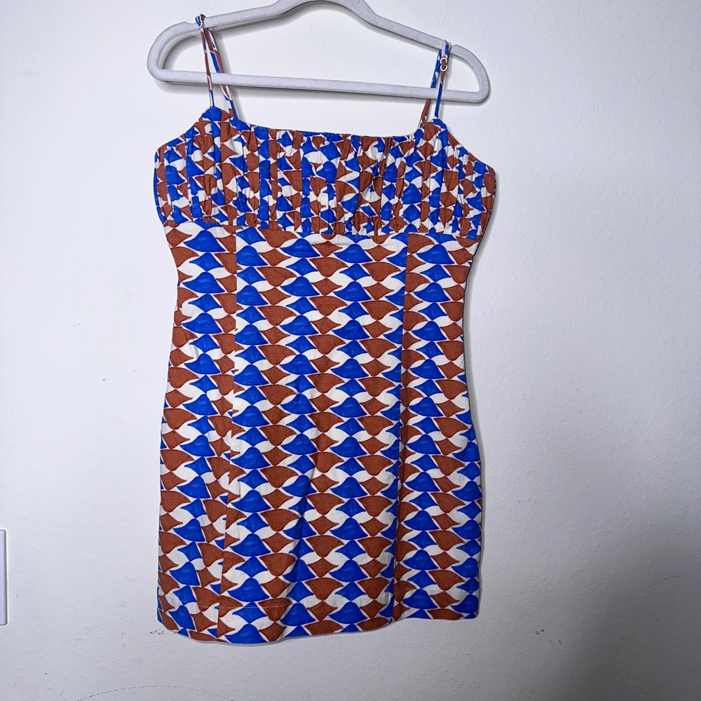 Maeve Anthropologie Ophelia Blue Rust Geometric Linen Blend Mini Dress Size 6